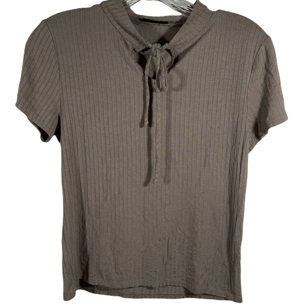 Urban Episode Womens Striped Keyhole Neck Short Sleeve Cropped Top Brown S